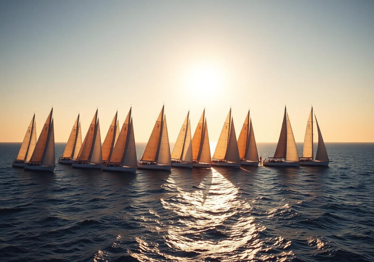 Fleet of sailing yachts in formation on open ocean at golden hour