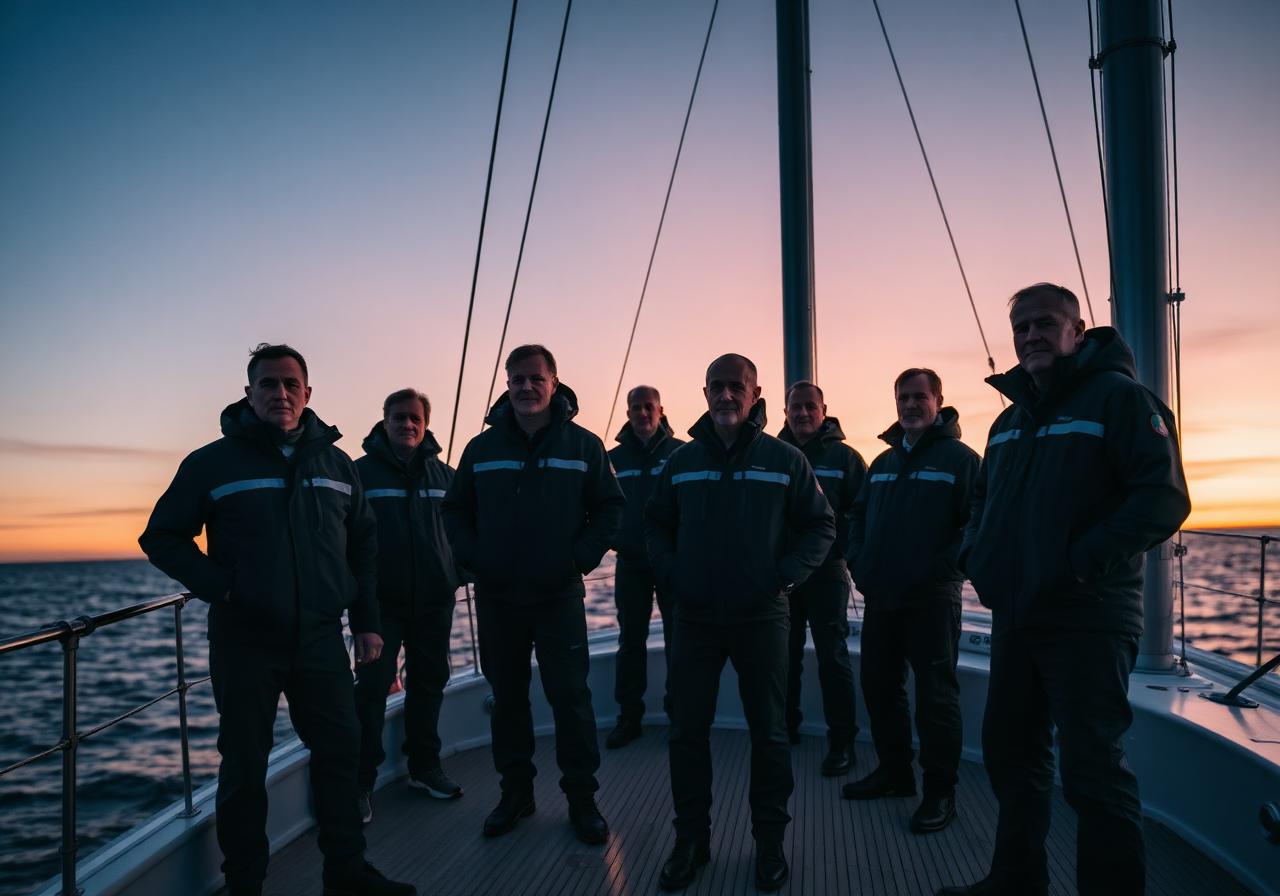 Executive cohort on the deck of an offshore leadership yacht at dusk
