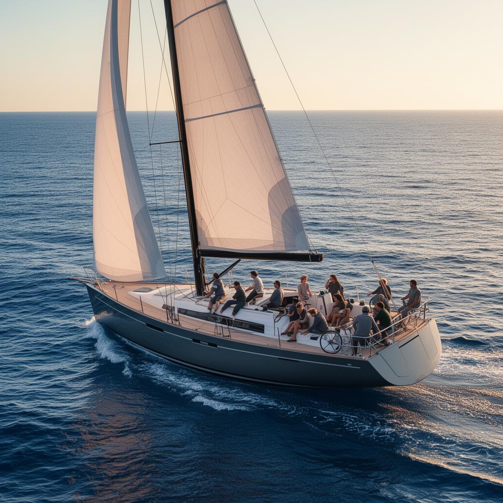 Corporate team trimming sails on a performance yacht in bright daylight