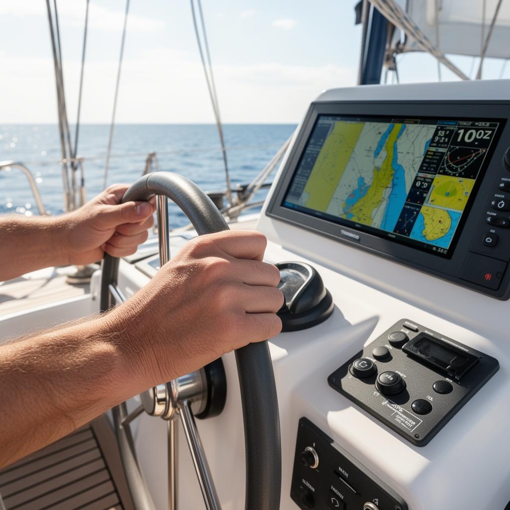Hands on a yacht helm and chartplotter during technical training
